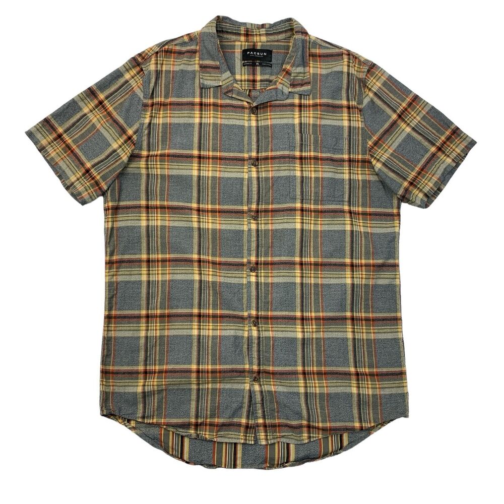 Pacsun Shirt Mens XL Extra Large Longer Fit Gray Plaid Short Sleeve Dropcut Hem